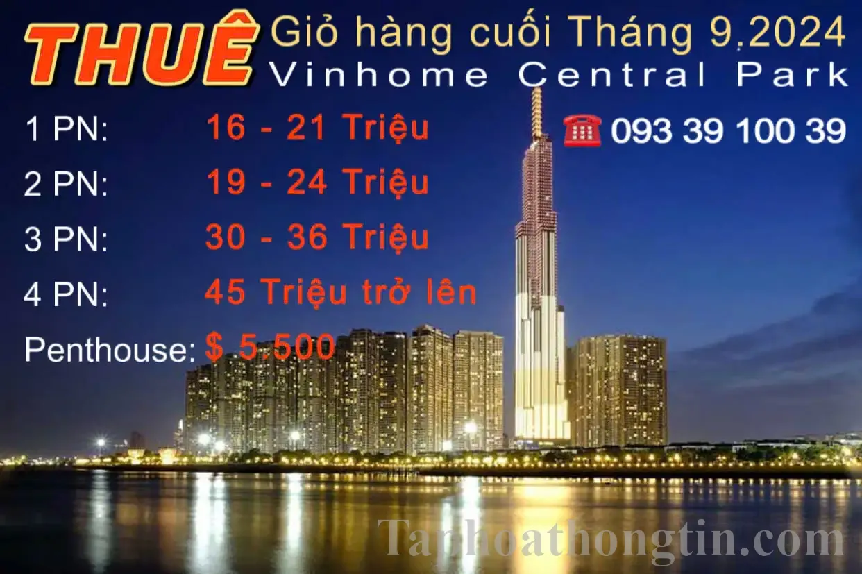 Cho thuê căn hộ Vinhome Central Park, 1PN – 4PN – Penthouse đầy đủ nội thất các tòa các tầng.LH: 0933910039