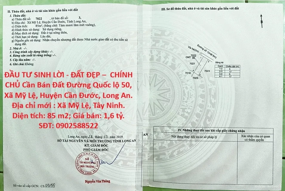 ĐẦU TƯ SINH LỜI – ĐẤT ĐẸP – CHÍNH CHỦ Cần Bán Đất Đường Quốc lộ 50, Xã Mỹ Lệ, Huyện Cần Đước, Long An.
