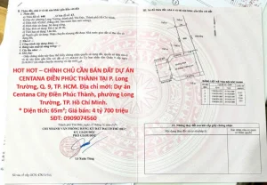 HOT HOT – CHÍNH CHỦ CẦN BÁN ĐẤT DỰ ÁN CENTANA ĐIỀN PHÚC THÀNH TẠI P. Long Trường, Q. 9, TP. HCM