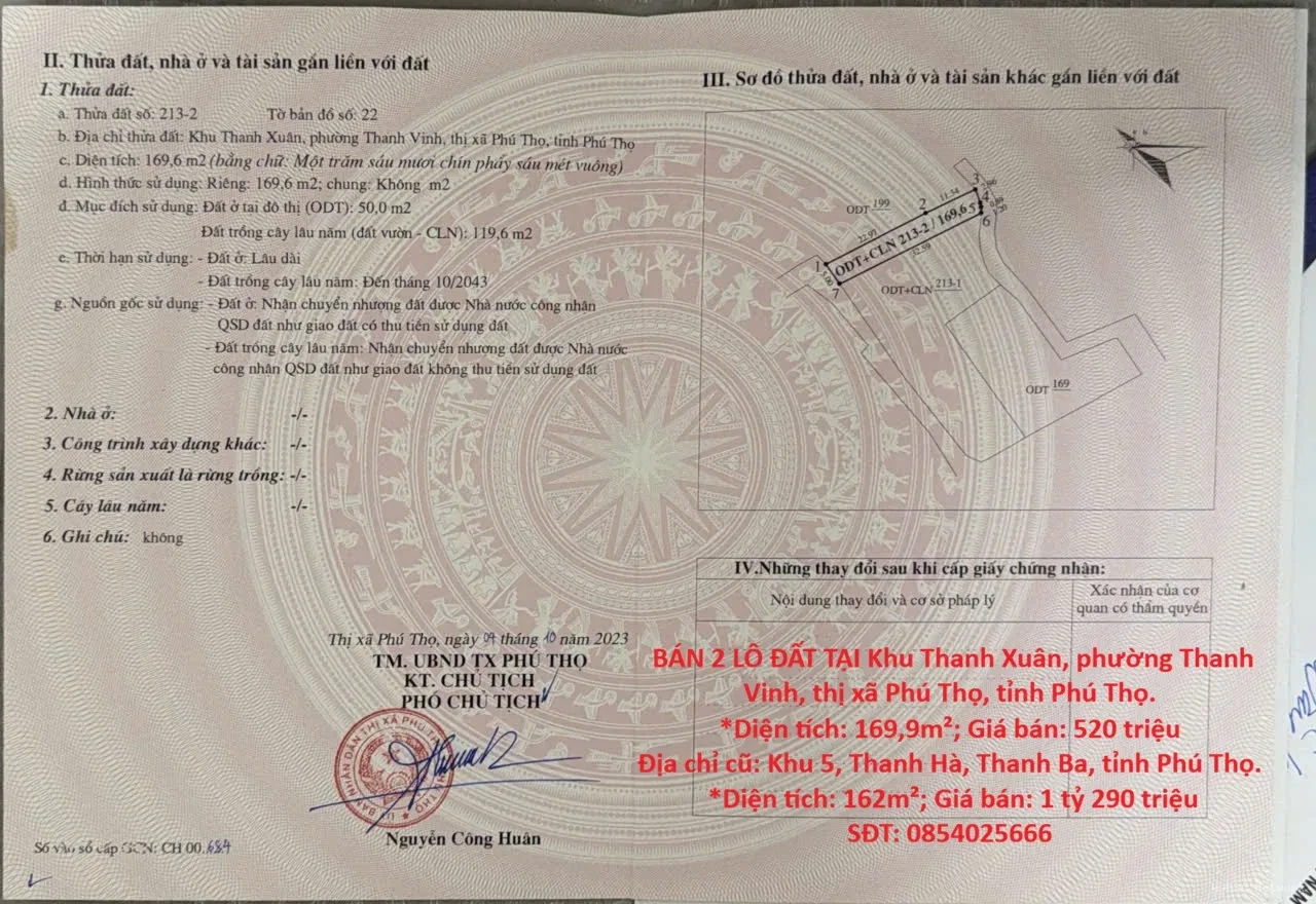 HOT HOT – CHÍNH CHỦ CẦN BÁN 2 LÔ ĐẤT TẠI TX. PHÚ THỌ VÀ H. THANH BA, tỉnh Phú Thọ.