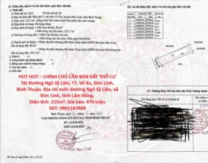 HOT HOT – CHÍNH CHỦ CẦN BÁN ĐẤT THỔ CƯ TẠI Đường Ngô Sỹ Liên, TT. Võ Xu, Đức Linh, Bình Thuận.