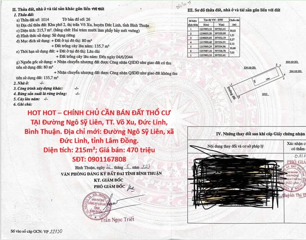 HOT HOT – CHÍNH CHỦ CẦN BÁN ĐẤT THỔ CƯ TẠI Đường Ngô Sỹ Liên, TT. Võ Xu, Đức Linh, Bình Thuận.