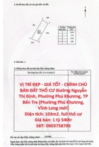 VỊ TRÍ ĐẸP – GIÁ TỐT – CHÍNH CHỦ BÁN ĐẤT THỔ CƯ Đường Nguyễn Thị Định, Phường Phú Khương, TP Bến Tre