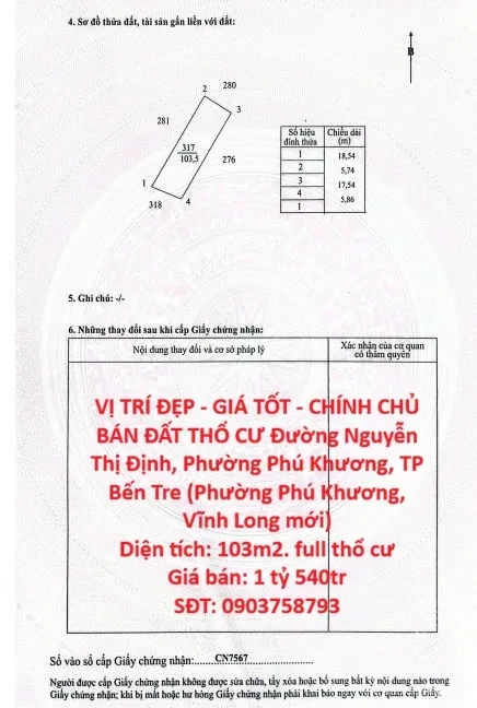 VỊ TRÍ ĐẸP – GIÁ TỐT – CHÍNH CHỦ BÁN ĐẤT THỔ CƯ Đường Nguyễn Thị Định, Phường Phú Khương, TP Bến Tre