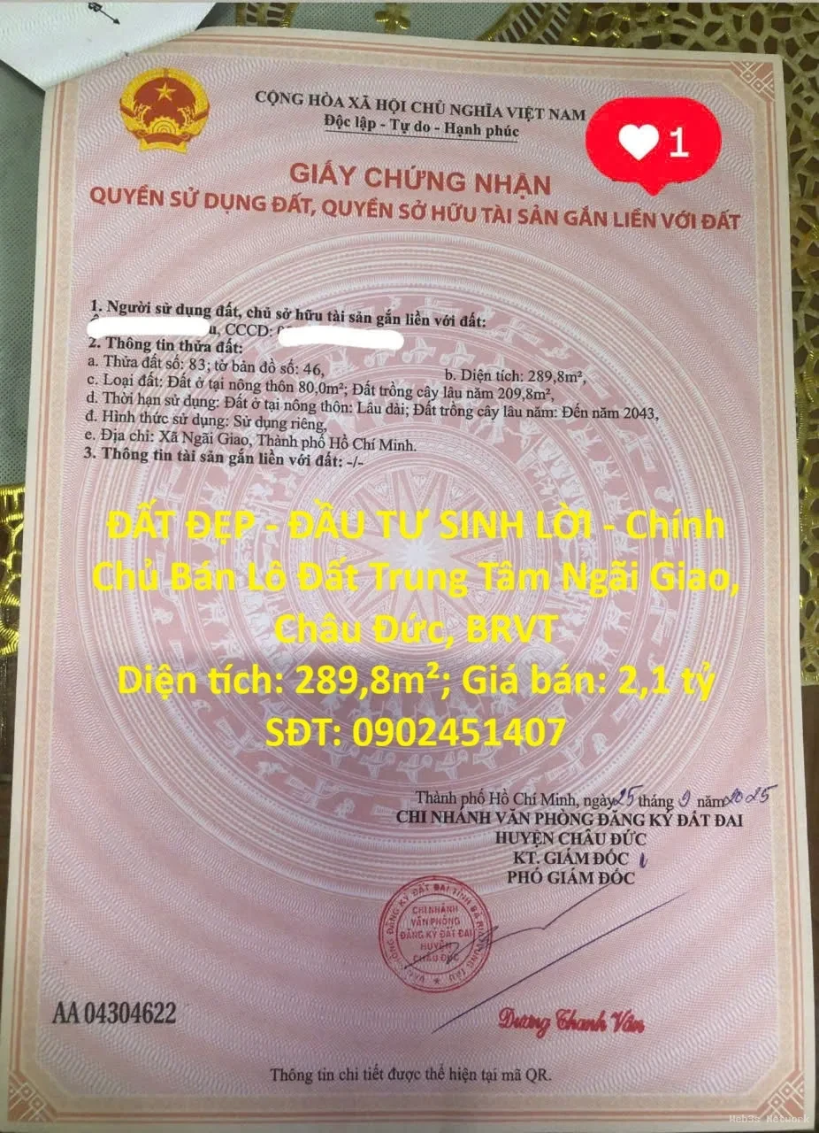 ĐẤT ĐẸP – ĐẦU TƯ SINH LỜI – Chính Chủ Bán Lô Đất Trung Tâm Ngãi Giao, Châu Đức, BRVT