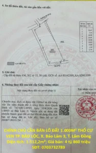 HOT HOT – CHÍNH CHỦ CẦN BÁN LÔ ĐẤT 1.000M² THỔ CƯ VEN TP. BẢO LỘC, X. Bảo Lâm 3, T. Lâm Đồng
