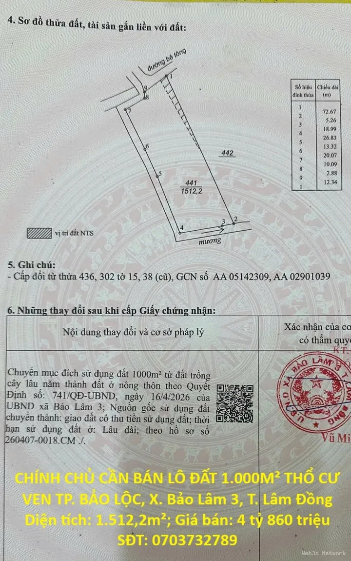 HOT HOT – CHÍNH CHỦ CẦN BÁN LÔ ĐẤT 1.000M² THỔ CƯ VEN TP. BẢO LỘC, X. Bảo Lâm 3, T. Lâm Đồng
