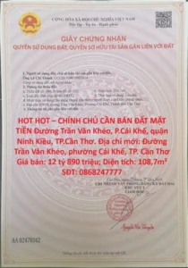 HOT HOT – CHÍNH CHỦ CẦN BÁN ĐẤT MẶT TIỀN Đường Trần Văn Khéo, P.Cái Khế, quận Ninh Kiều, TP.Cần Thơ
