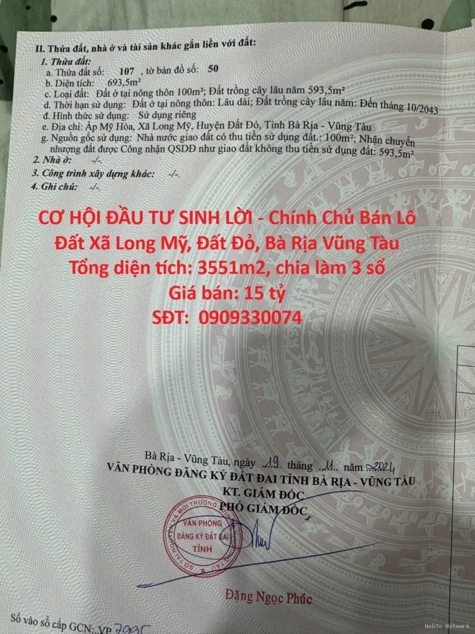 CƠ HỘI ĐẦU TƯ SINH LỜI – Chính Chủ Bán Lô Đất Xã Long Mỹ, Đất Đỏ, Bà Rịa Vũng Tàu