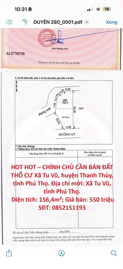 HOT HOT – CHÍNH CHỦ CẦN BÁN ĐẤT THỔ CƯ Xã Tu Vũ, huyện Thanh Thủy, tỉnh Phú Thọ