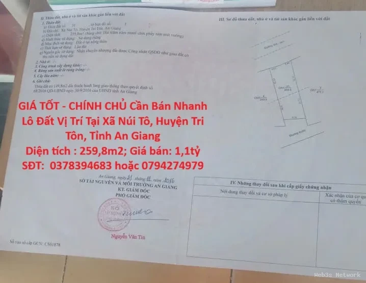 GIÁ TỐT – CHÍNH CHỦ Cần Bán Nhanh Lô Đất Vị Trí Tại Xã Núi Tô, Huyện Tri Tôn, Tỉnh An Giang