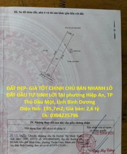 ĐẤT ĐẸP- GIÁ TỐT CHÍNH CHỦ BÁN NHANH LÔ ĐẤT ĐẦU TƯ SINH LỜI TẠI TP Thủ Dầu Một, tỉnh Bình Dương