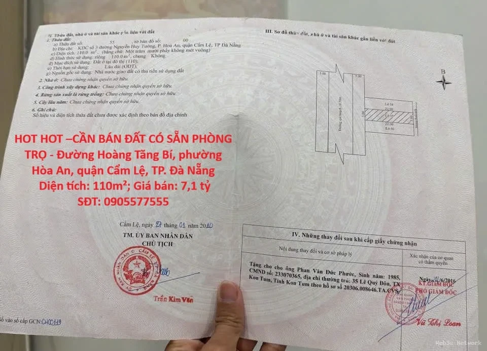 HOT HOT –CẦN BÁN ĐẤT CÓ SẴN PHÒNG TRỌ – Đường Hoàng Tăng Bí, phường Hòa An, quận Cẩm Lệ, TP. Đà Nẵng
