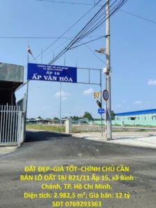 ĐẤT ĐẸP–GIÁ TỐT–CHÍNH CHỦ CẦN BÁN LÔ ĐẤT TẠI Ấp 15, xã Bình Chánh, huyện Bình Chánh TP.HCM